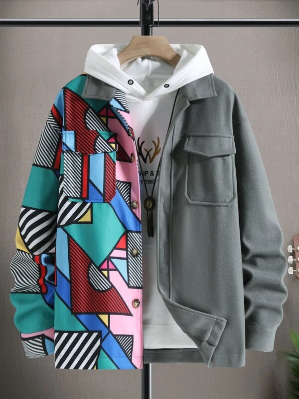 1-Piece Men&#039;s Patchwork Print Overcoat with Pocket, No Hood