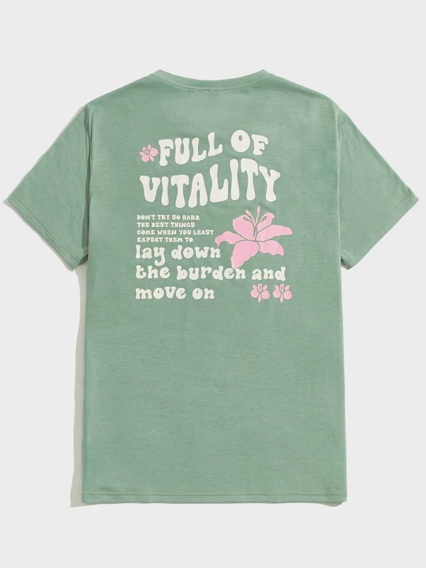 Men&#039;s Tee with Floral Patterns and Slogan Graphics