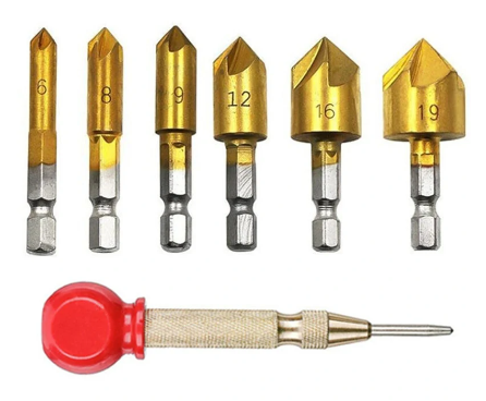 Hex Shank 5-blade Chamfer Countersunk Drill Bits Chamfering Knife Countersink Wood Plastics PVC Woodworking Hole Saw Kit Tool