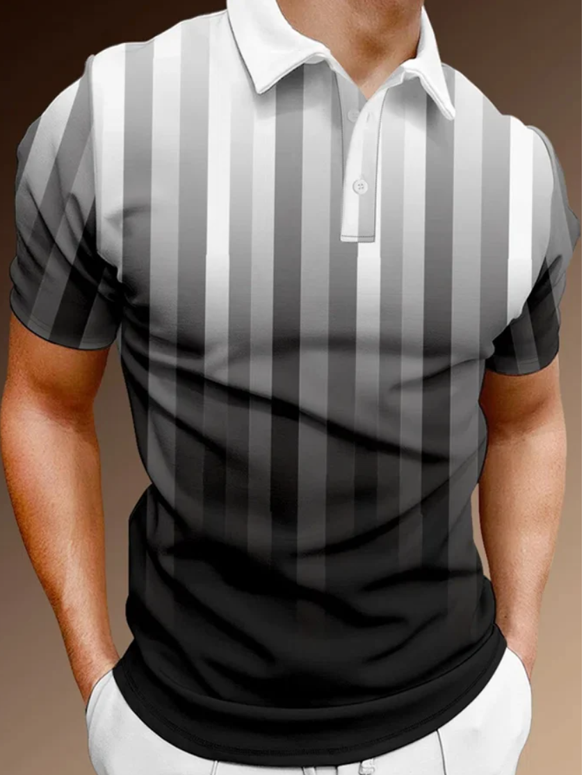Men&#039;s Lapel Stripe Gradient Print Casual POLO Shirt