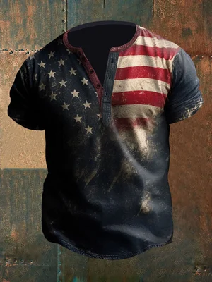 Men&#039;sAmerican Flag Henley Collar T-Shirt