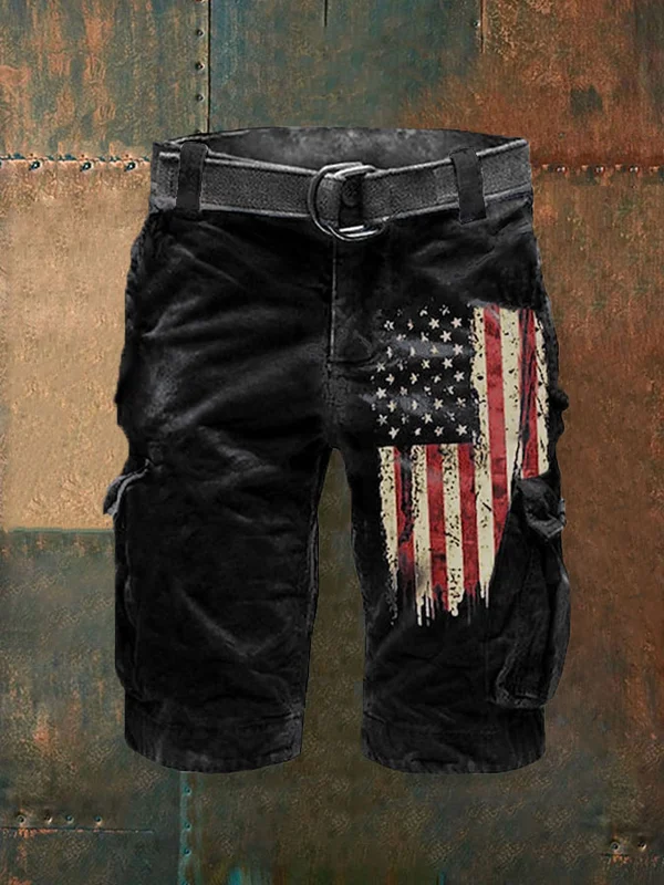 Men&#039;s Vintage American Flag Print Casual Cargo Shorts