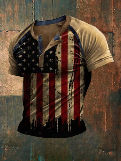 Men&#039;S Vintage American Flag Print Casual T-Shrit