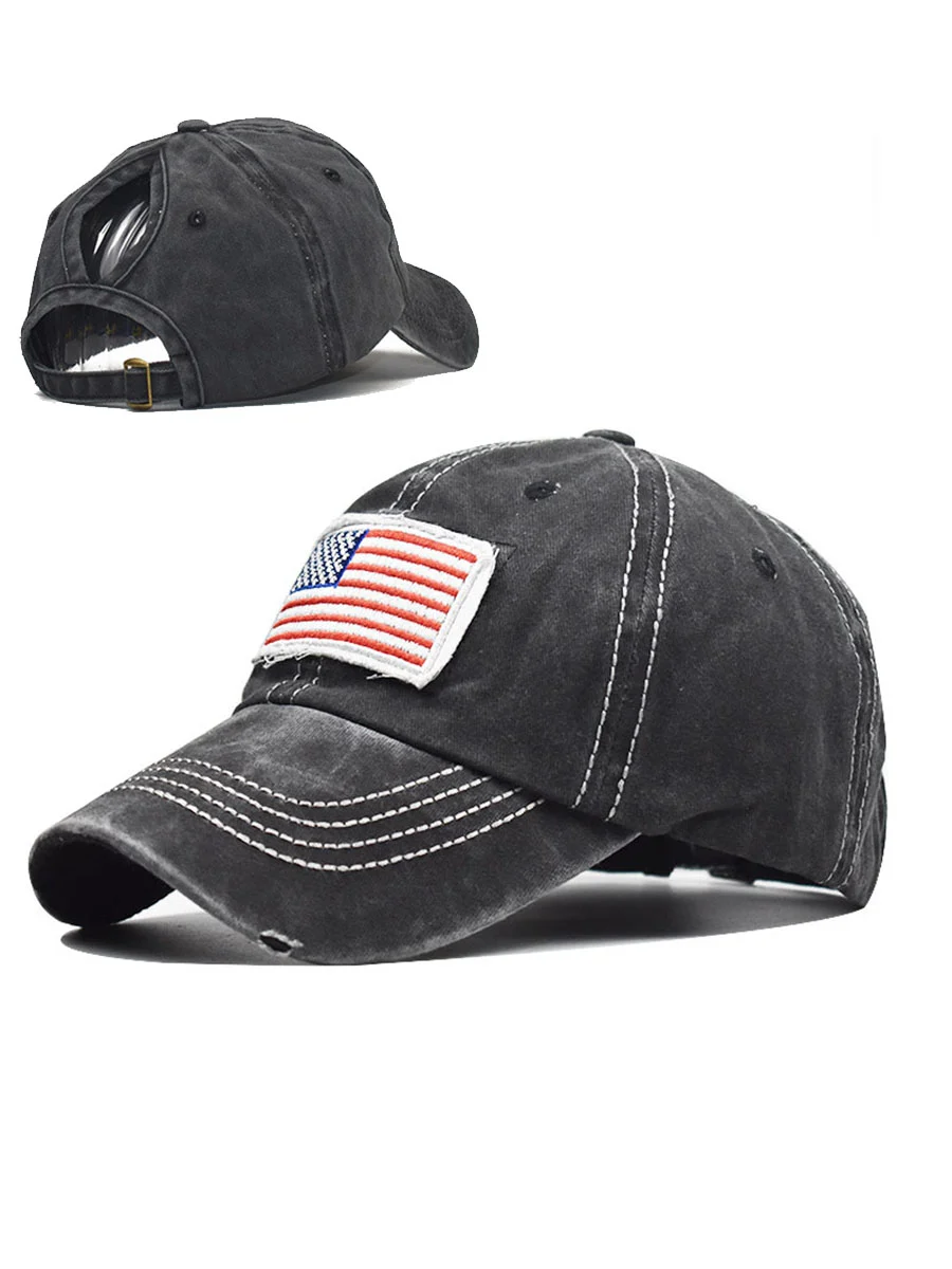Distressed Denim Independence Day Flag Print Ponytail Ripped Cap