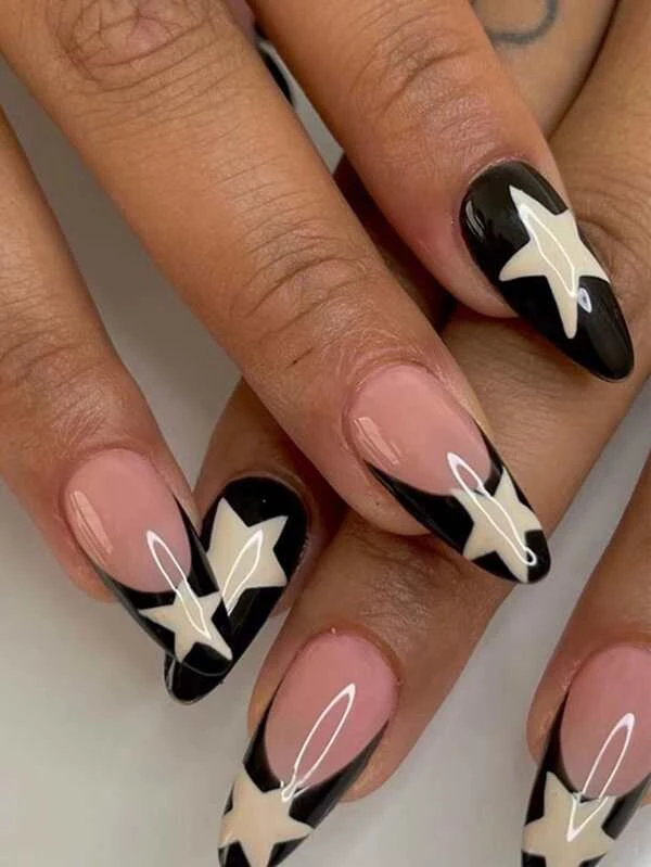 Transform Your Nails with 24pcs Medium Almond Black French Star Pattern Fake Nail &amp; 1sheet Tape &amp; 1pc Nail File