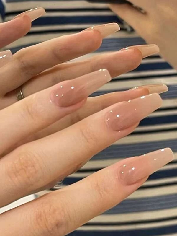 Elevate Your Style with 24pcs Long Coffin Plain Nude Solid Glossy Fake Nail &amp; 1sheet Tape &amp; 1pc Nail File