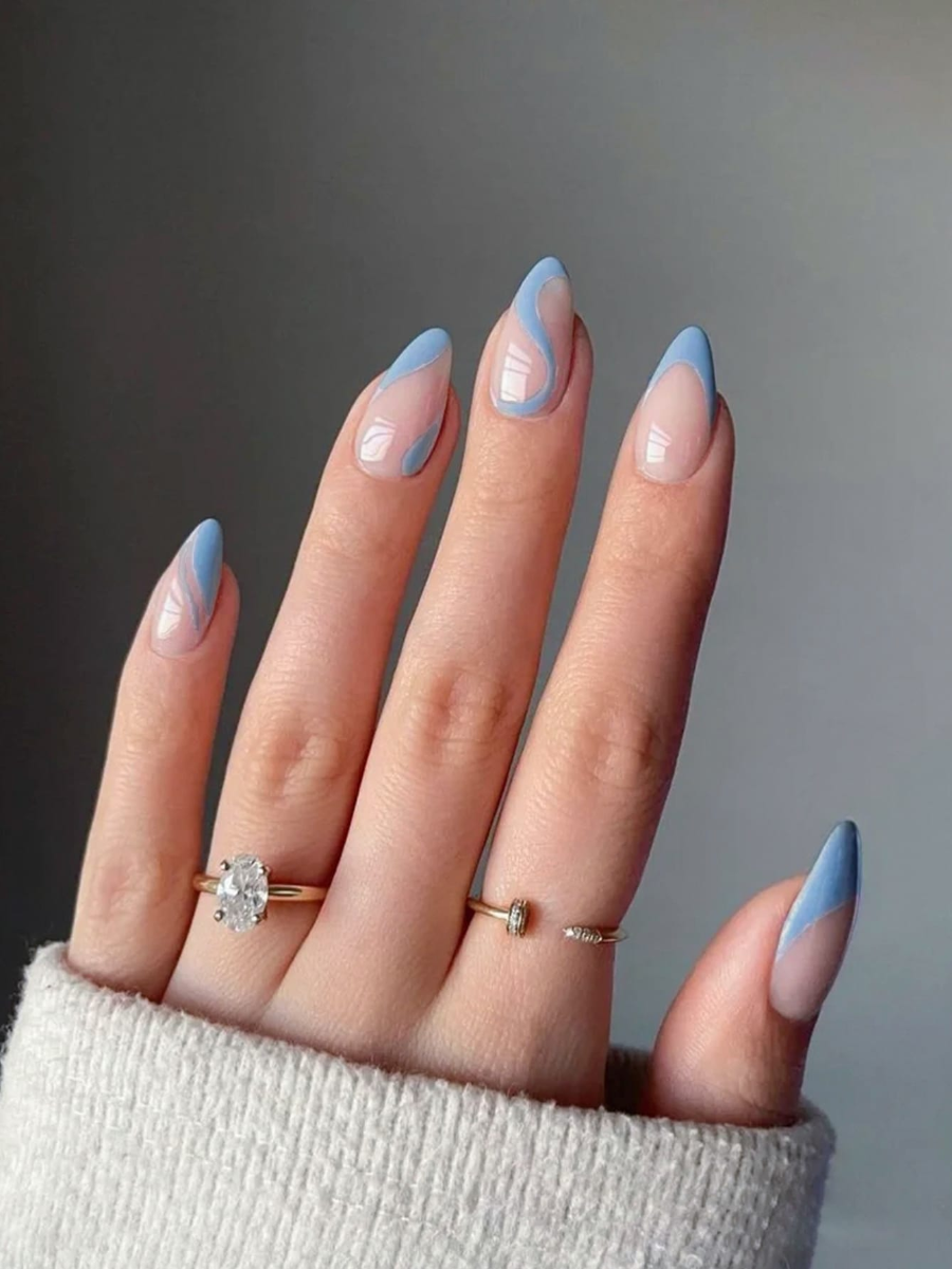 Upgrade Your Look with 24pcs Long Almond, blue France&amp;Simple stripe false Nail, Semi-Transparent &amp; Fit Perfectly, Reusable Nail Kit