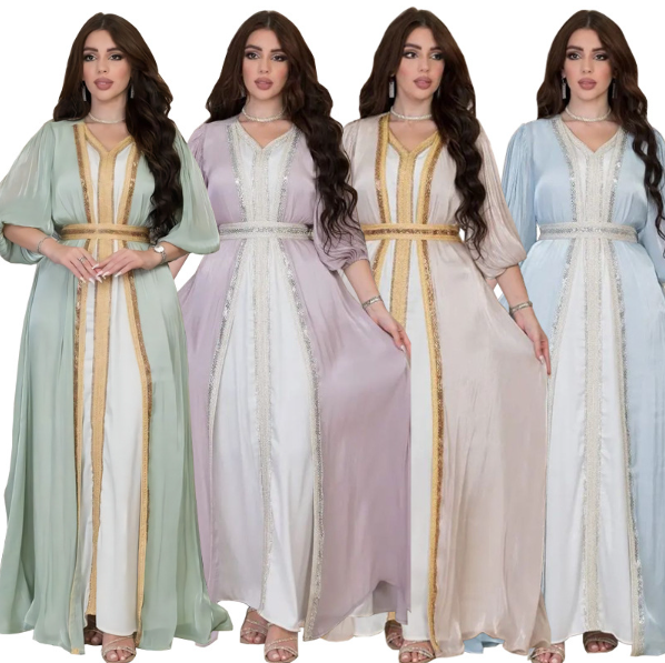 Muslim Women&#039;s Diamond Light Luxury Dress abaya Set Bright Silk Satin Three Piece Dress