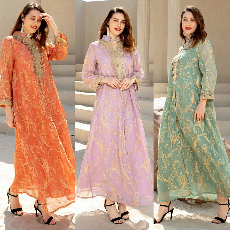 AB191 Muslim 2022 new spring and summer foreign trade women&#039;s Arab long-sleeved abaya Middle East hem dress