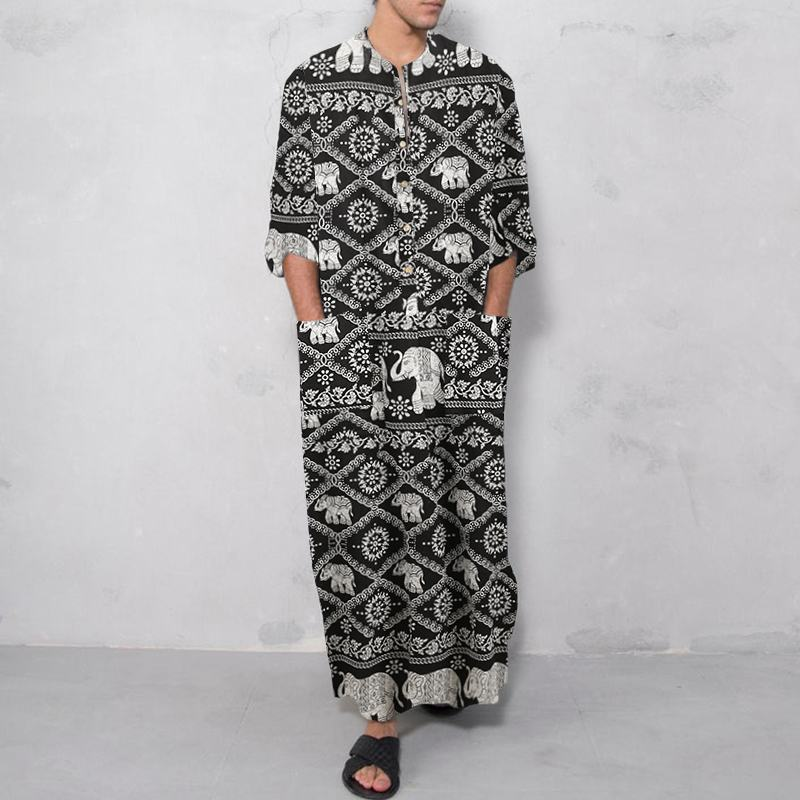 Foreign trade spring and summer new Middle East clothing long-sleeved one-piece Arabian men&#039;s striped print Muslim men&#039;s robe