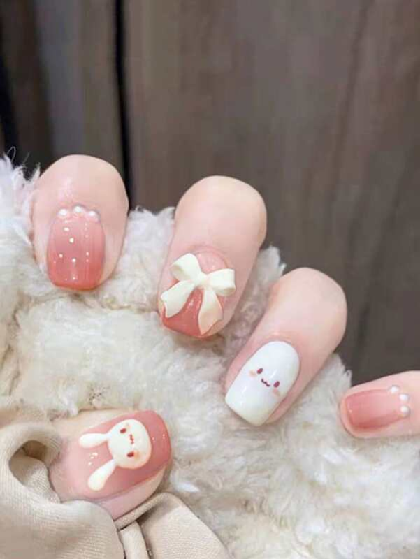 Transform Your Nails with 24pcs Short Square Cartoon Pink Gradient Flower Rabbit Pattern 3D Bow Decor Fake Nail &amp; 1pc Nail File &amp; 1sheet Tape