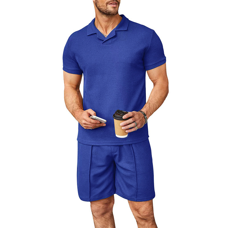 Summer waffle V-neck polo lapel shirt short-sleeved shorts men&#039;s sports casual fashion suit