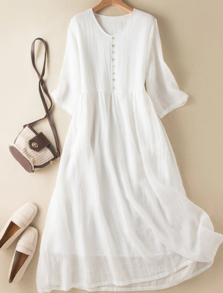 Women&#039;s Literary Retro V-neck Solid Color Mid-sleeved Dress