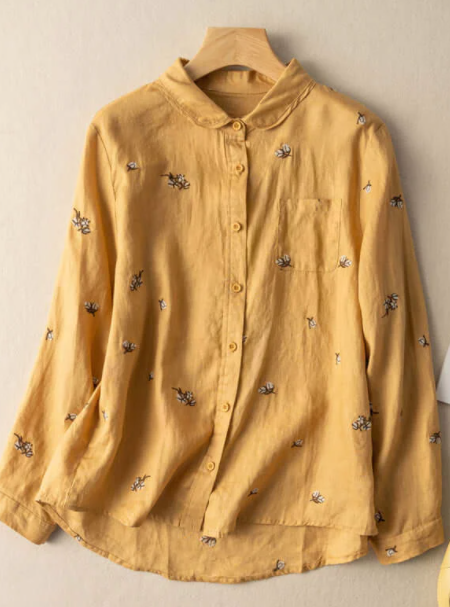 100% Linen Floral Print Casual Shirt With Pocket