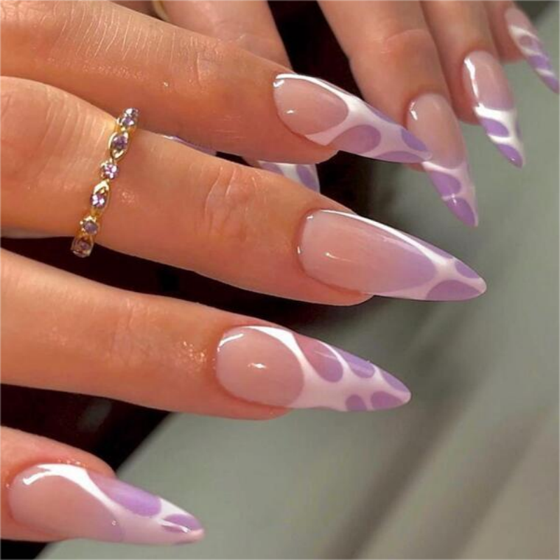 Elevate Your Style With 24pcs Long Almond Shaped Purple Gradient &amp; Ripple Design Fake Nail Set