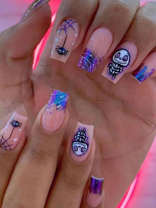 24pcs Short Square False Nails With Purple Skull &amp; Spider Design + 1pc Jelly Glue And 1pc Nail File