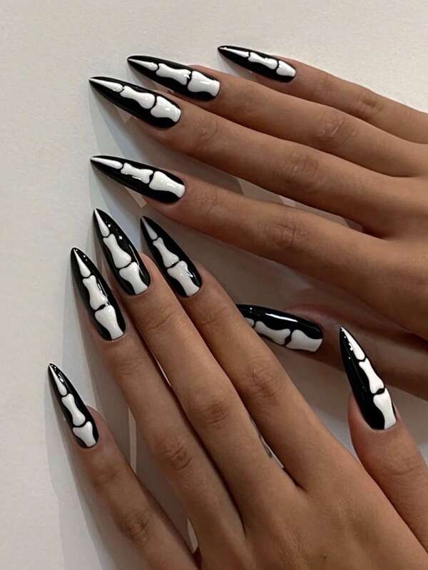 Halloween 24pcs Long Almond Skull Print Fake Nail &amp; 1pc Nail File &amp; 1sheet Tape