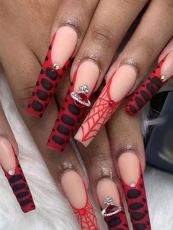 Halloween 24pcs Long Square Red Matte Rhinestone 3D Saturn Decor Cobweb Pattern Fake Nail &amp; 1sheet Tape &amp; 1pc Nail File