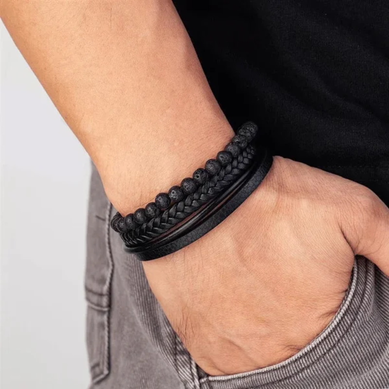 Natural Stone Obsidian Magnetic Buckle Men&#039;s Leather Bracelet