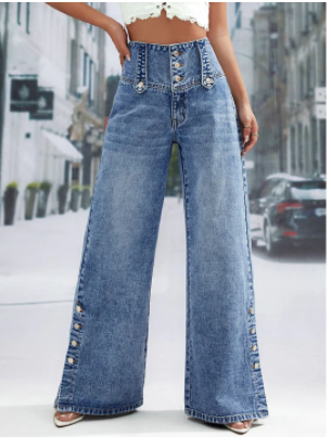 Fashion Plain High Waist Button Wide Leg Long Pants