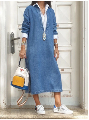 Casual Lapel Collar Fake Two Pieces Long Sleeve Denim Dress