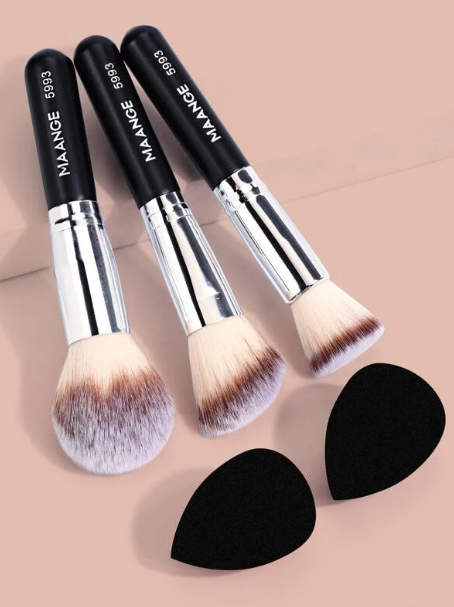 3pcs Makeup Brushes Foundation Loose Powder Concealer Blending Blush Brush Professional Cosmetic Beauty Makeup Tools &amp; 2pcs Makeup Sponge