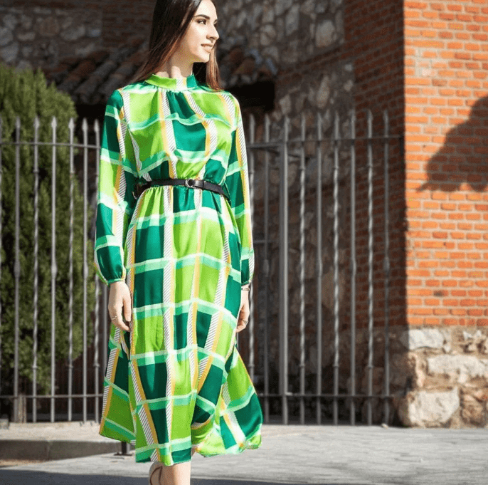 Long-sleeved dress with color printing European and American women&#039;s MIDI skirt Bohemian vacation with umbrella skirt