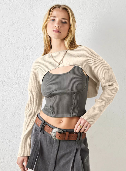 Autumn and winter new knitwear cross-border women&#039;s T-shirt solid color short top long sleeve vest
