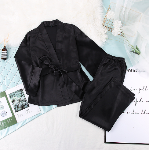 Spring and Summer Europe and the United States satin sateen cardigan belted robe pajama pants solid color home suit loose women&#039;s pajamas