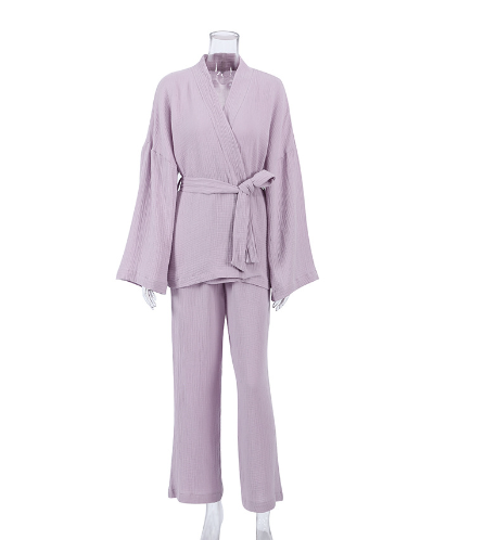 Autumn underwear in Europe and the United States long-sleeved loose pants crepe ladies solid color robe home absorbent sweatshirt female