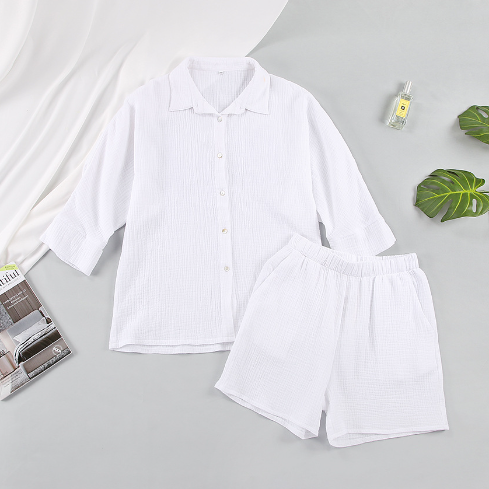 Summer Europe and the United States long-sleeved shorts suit thin section leisure cross-border crepe home wear pajamas cotton outside women