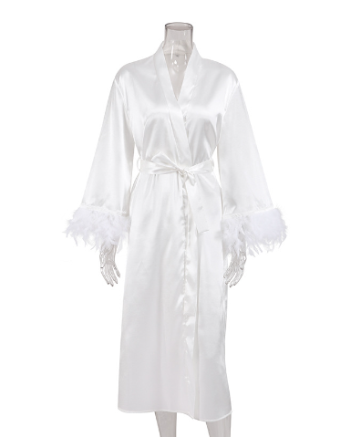 Summer pajamas female cardigan feather satin robe loose cross-border long section of Europe and the United States bathrobe ladies home wear