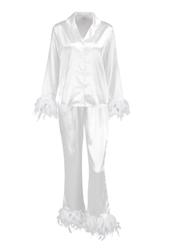 Summer Europe and the United States ice silk pajamas fashion ostrich hair shirt long pants loose two-piece feather home wear female