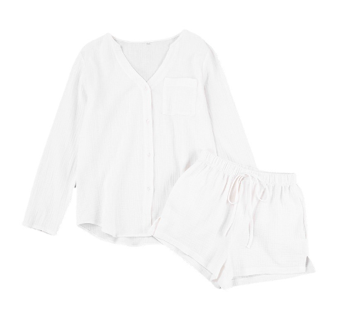 2023 summer pajamas double gauze long-sleeved shorts cotton air-conditioning clothing fashion white women&#039;s homewear suit