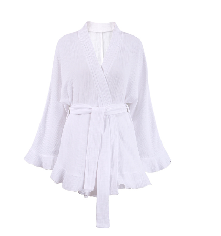 Summer Europe and the United States long-sleeved pajamas crepe cotton fashion ruffled robe shorts suit loose cross-border home wear female