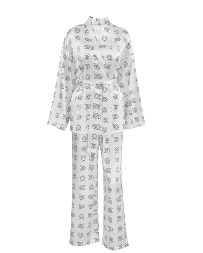 Summer new Europe and the United States simulation silk pajamas cardigan robe pants suit loose animal print home wear ladies