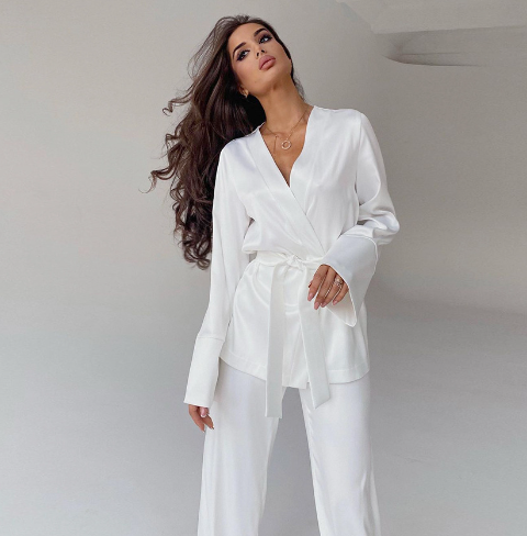2023 fall Europe and the United States and the United States robe ice silk comfortable long-sleeved pajamas loose pajama pants two-piece set of fashio