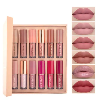 HANDAIYAN 12 Color Book Lip Gloss Set  Matte Shimmer Non-Sticky Cup Lip Glaze Lipstick