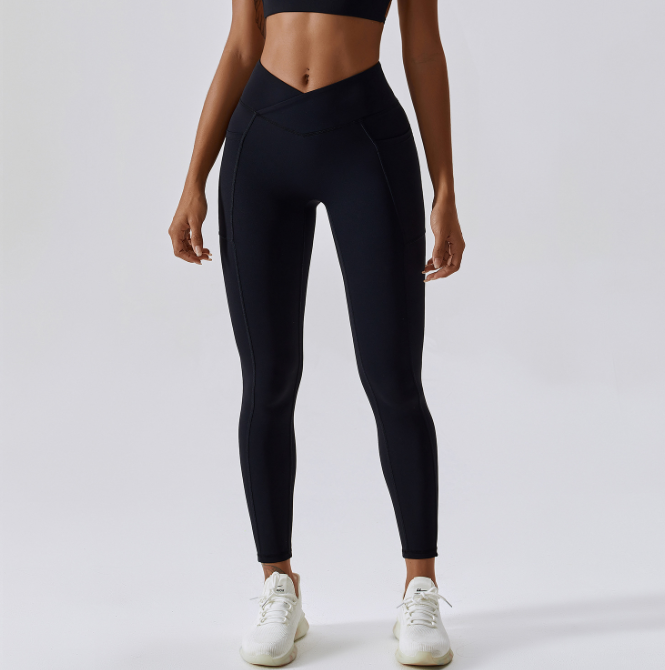 Naked Yoga Pants Hip Lift Pocket Quick Dry Fitness Pants Cross Waist Tight Running Sweatpants