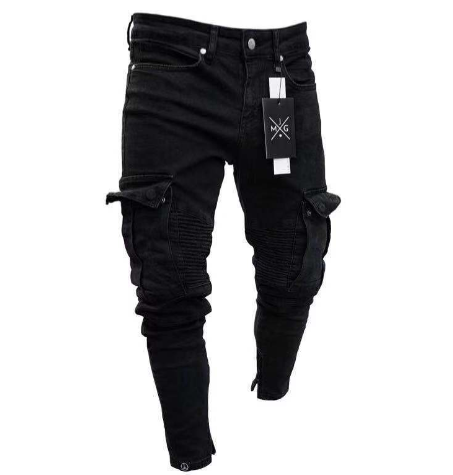 European and American hot-selling elastic men&#039;s jeans on Amazon, trendy knee ripped, zipper, slim-fit trousers.