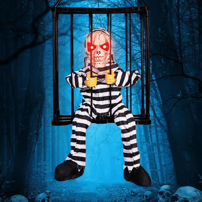 [Halloween Sale]Halloween Cage Ghost Sensor Glow Sound Sensor Glow Sound Prisoner Skeleton Cage Ghost