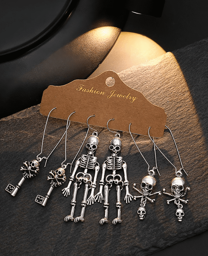 [Halloween Sale]3Pairs Halloween Key Skull Skeleton Drop Earrings Set