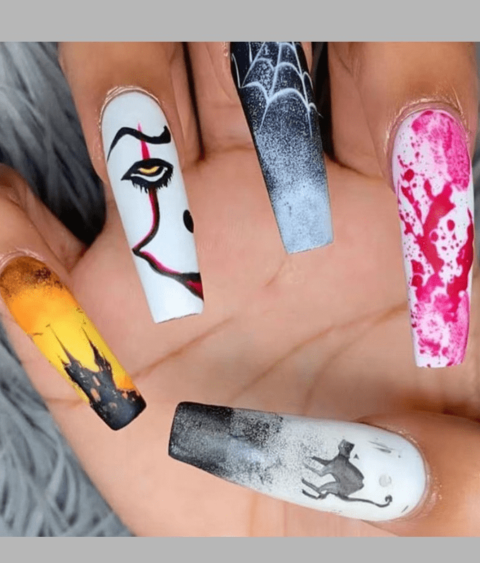 [Halloween Sale]1Sheet Halloween Abstract Figure Pattern Press on Nails Long Full Cover Fake Coffin Nails