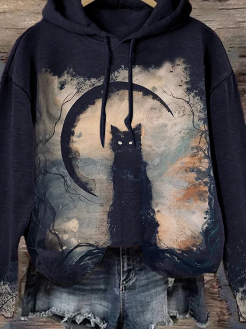 [Halloween Sale]Halloween Vintage Cat Drawstring Sweatshirt