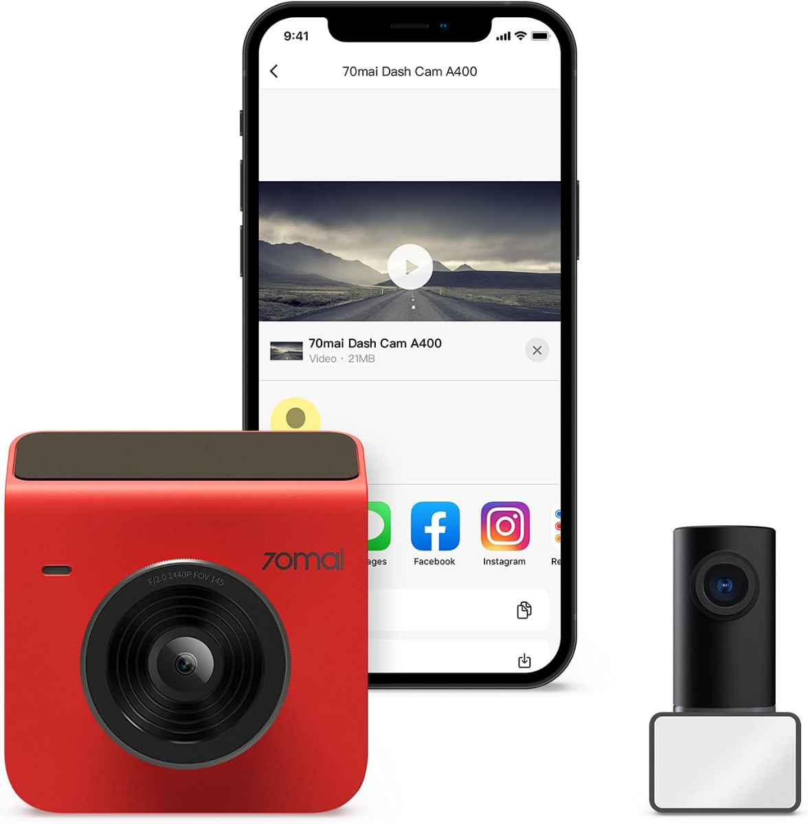 70mai Dash Cam A400, Red, Front and Rear 2K QHD, 2&quot; LCD, Built in WiFi, Parking Monitor, 145° Wide-Angle FOV, WDR Night Vision, iOS/Android Mobil