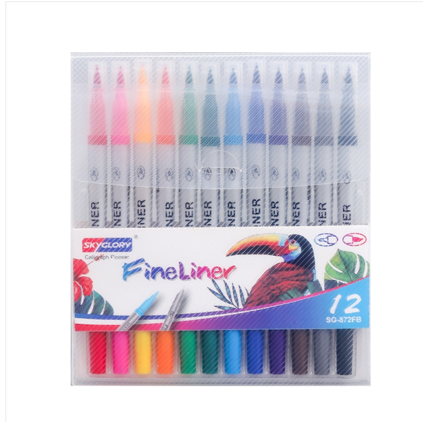 Skyglory children&#039;s painting double-headed line drawing pen, art soft-headed watercolor pen, specifications: 12-color silver rod