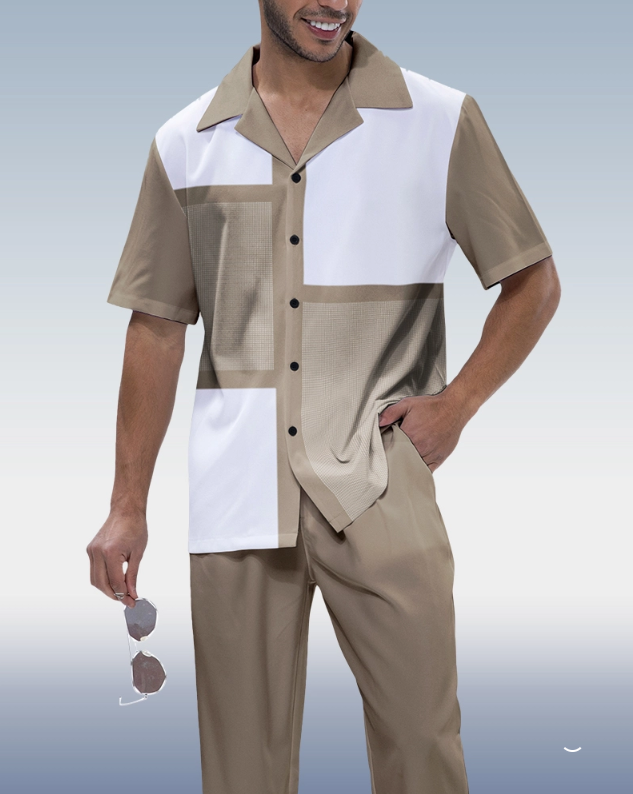 Short Sleeve Walking Suit in Olive Plaid Design