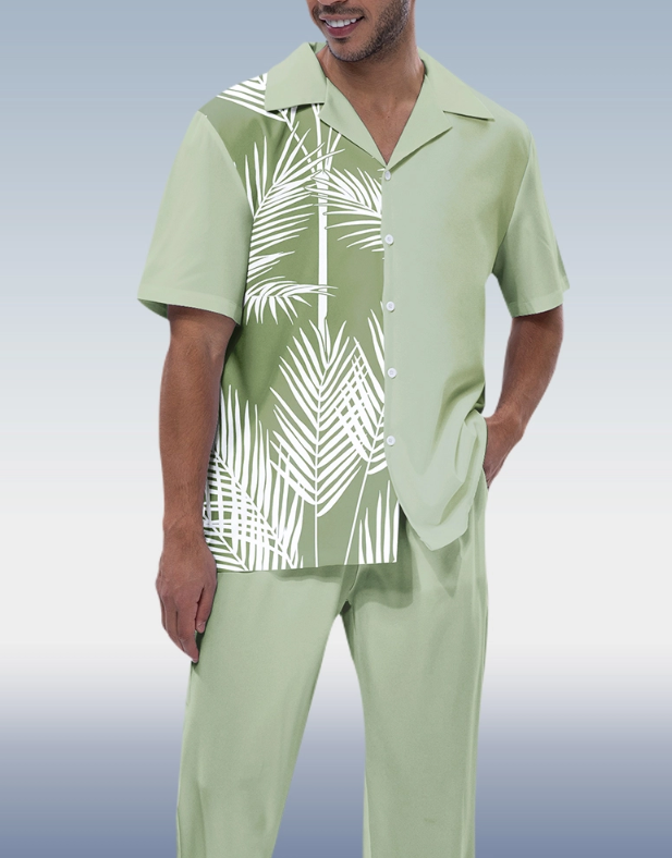 Men&#039;s Short Sleeve Hiking Suit with Green Leaf Print