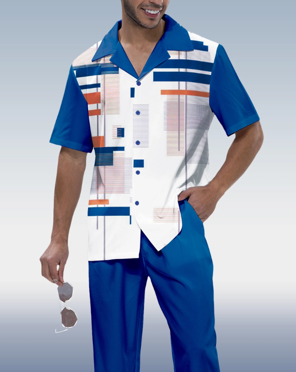 Suitmens Men&#039;s Blue Print Short Sleeve Walking Suit