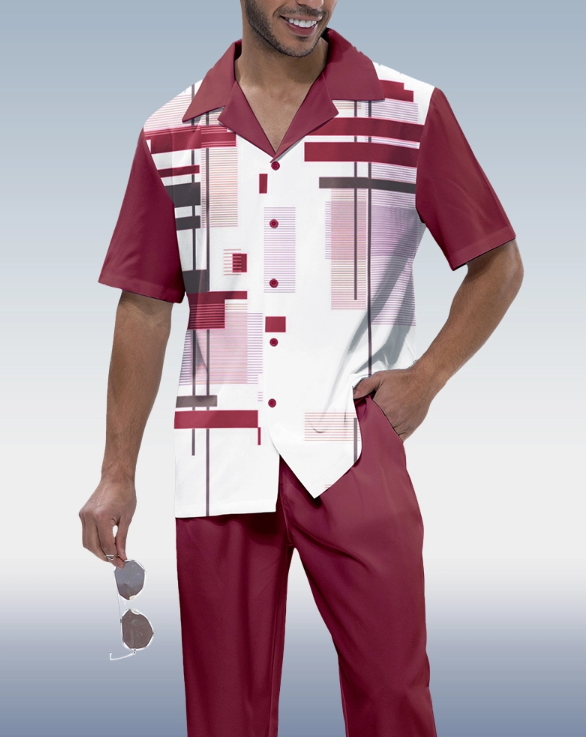 Men&#039;s Short Sleeve Walking Suit in Claret Print